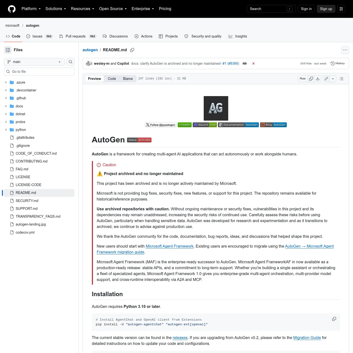 プロジェクトのアーカイブ化を警告し、Microsoft Agent Frameworkへの移行を推奨するMicrosoft AutoGenのREADME