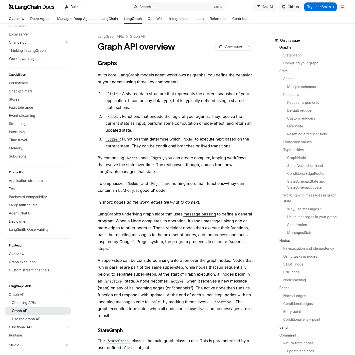 状態、ノード、エッジを説明するLangGraph Graph APIのドキュメント