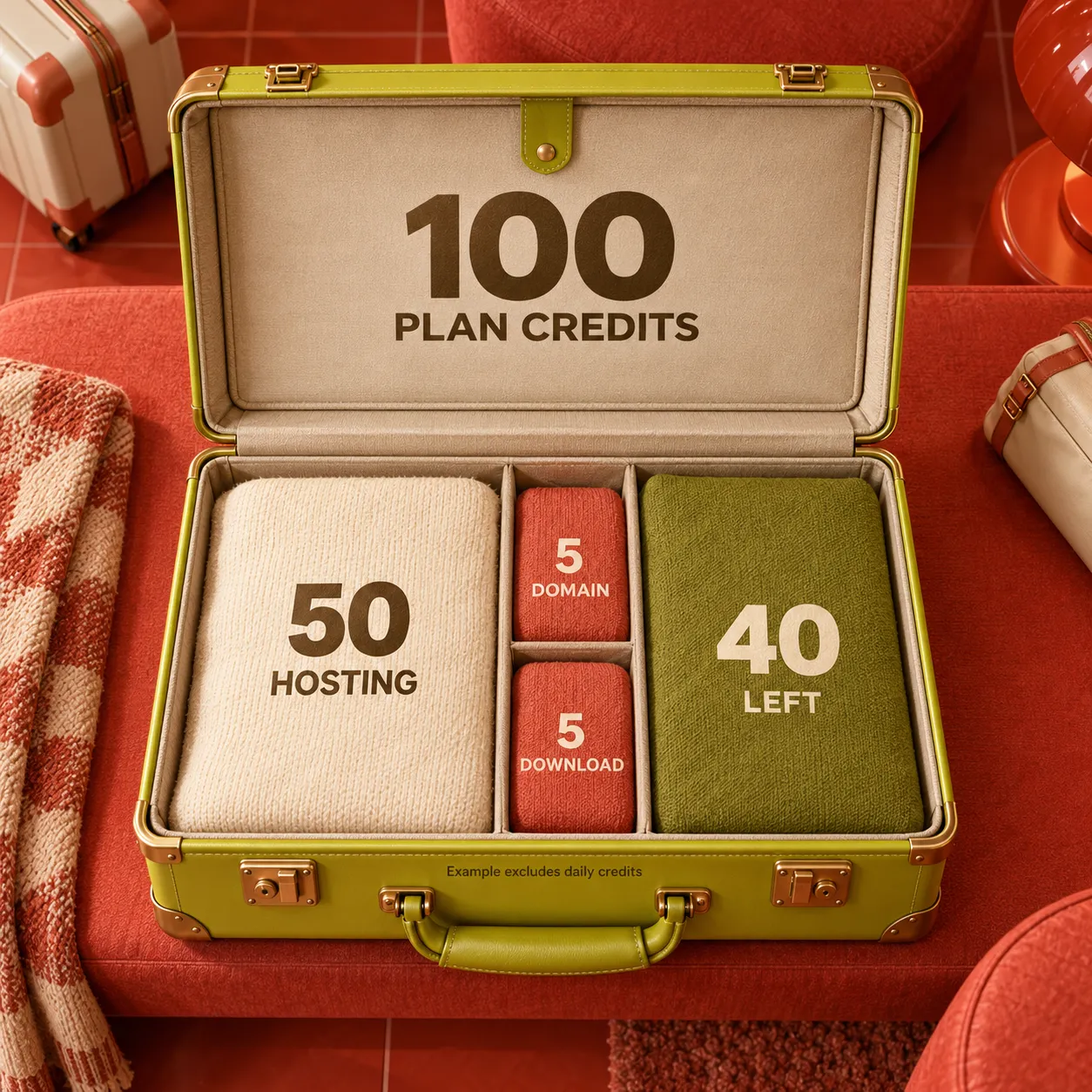 A luggage case allocates 100 Blink plan credits to 50 hosting, 5 domain, 5 download and 40 remaining