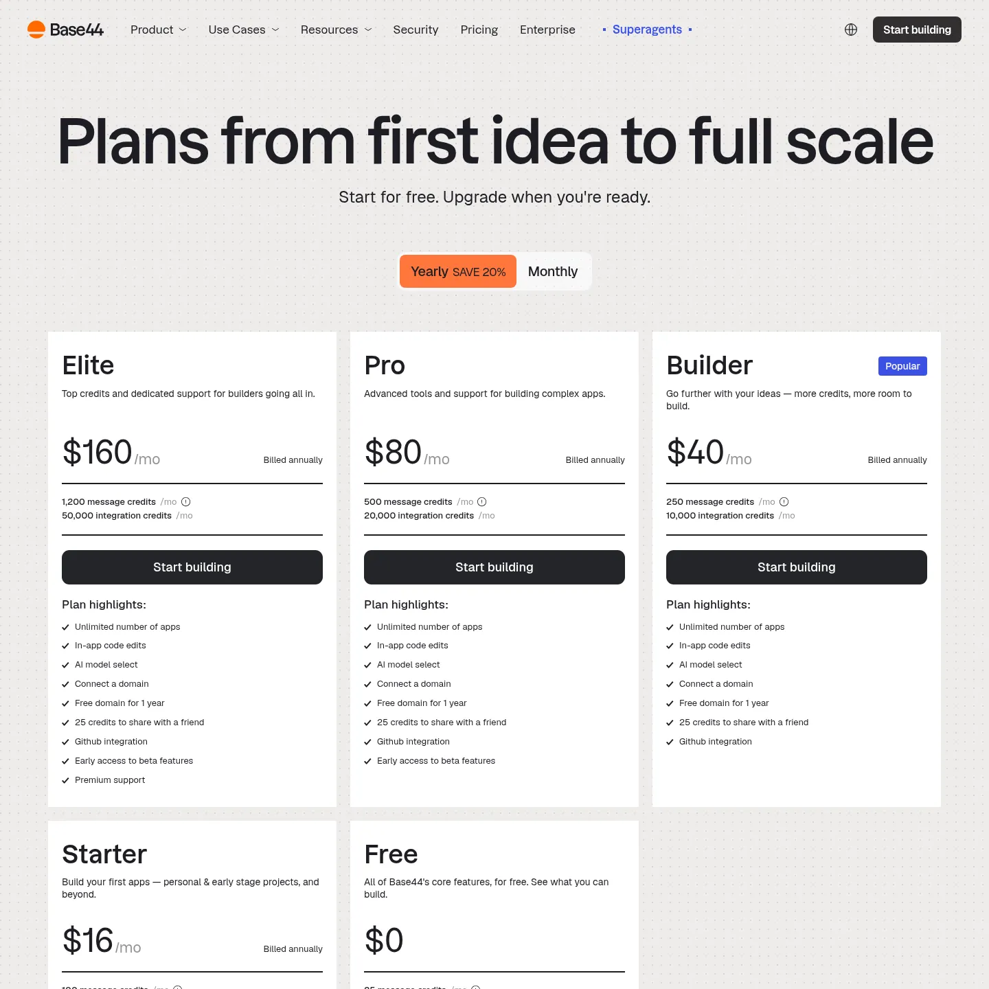 Base44 pricing page showing its current plans and included services