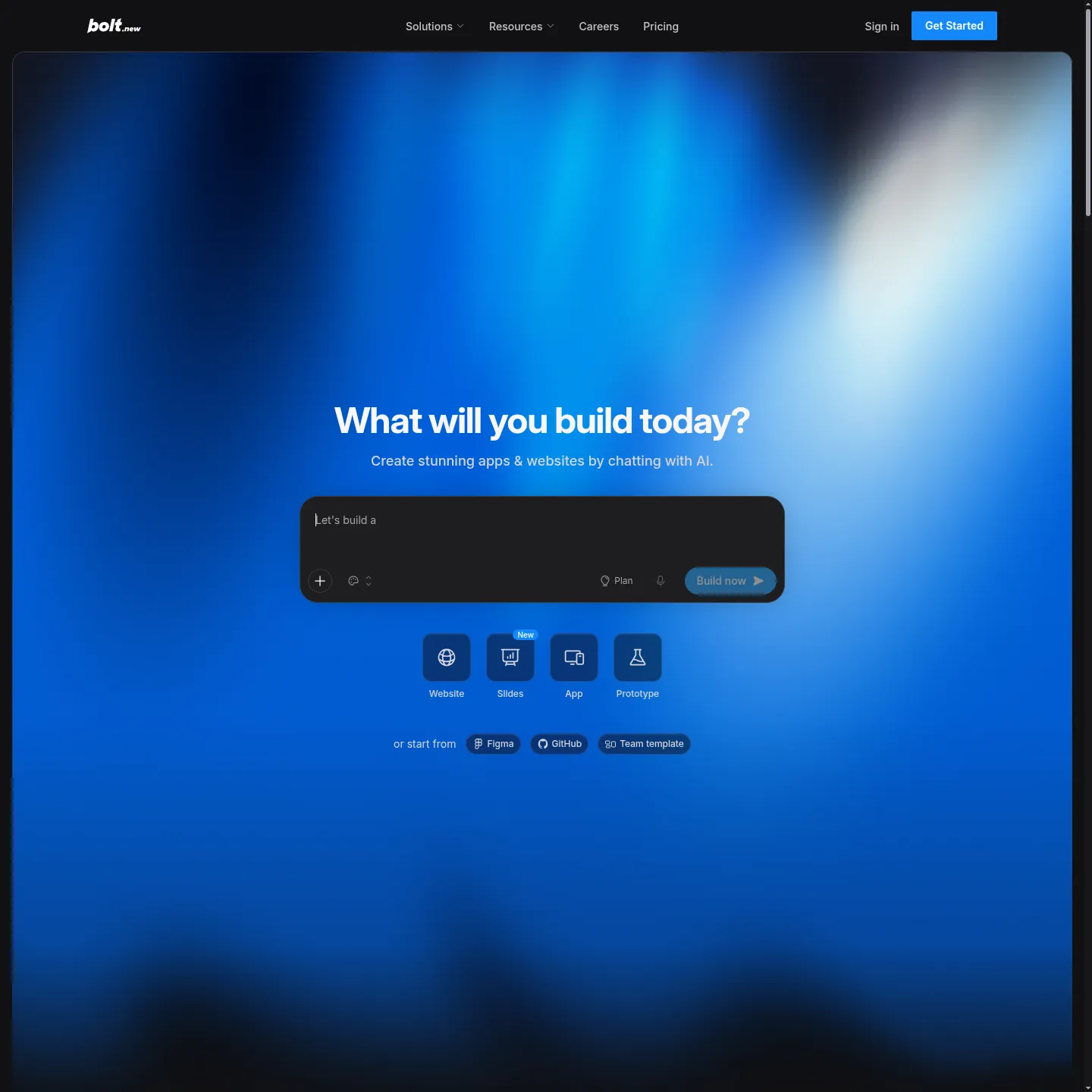 Bolt.new homepage and app-building prompt