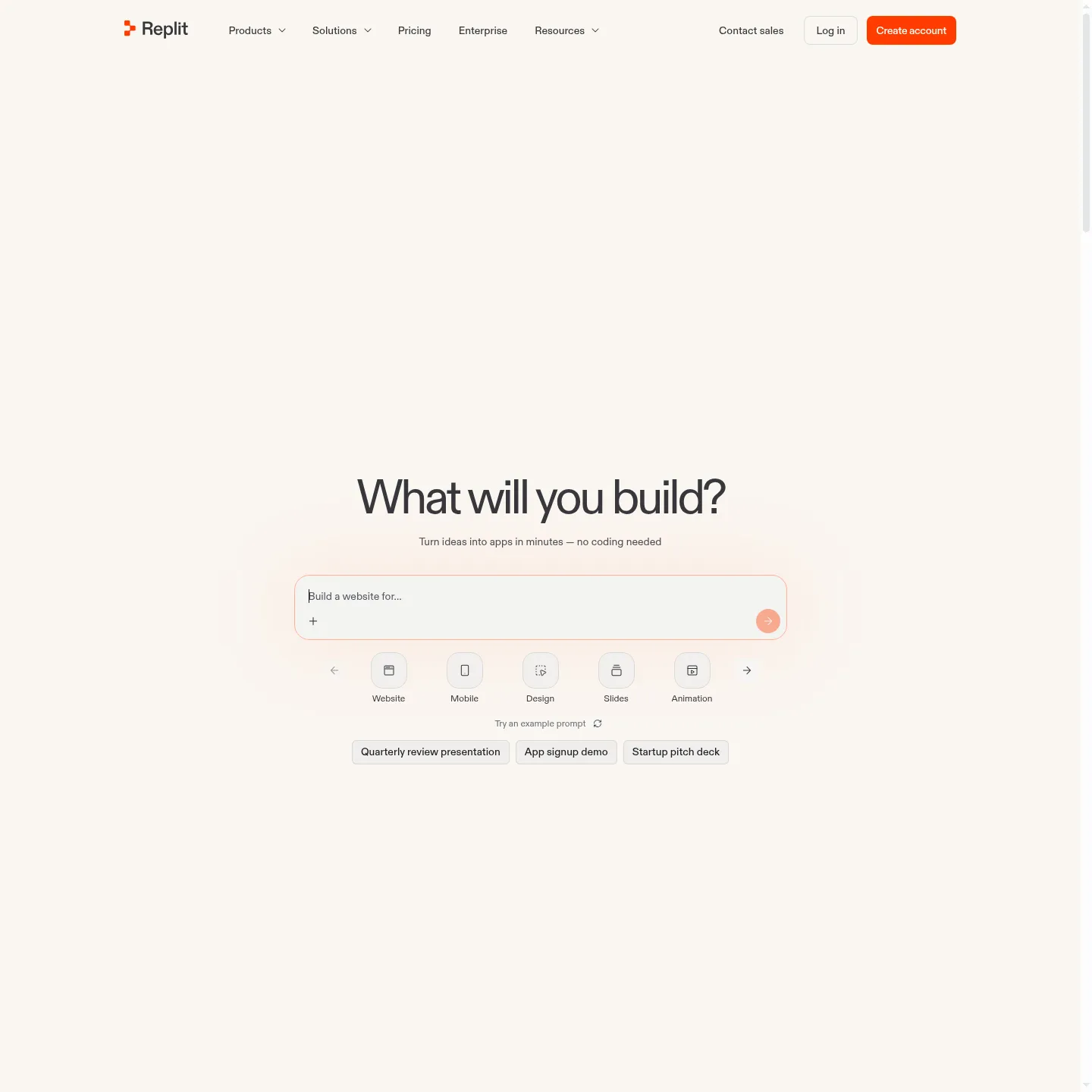 Replit homepage presenting its application-building workspace