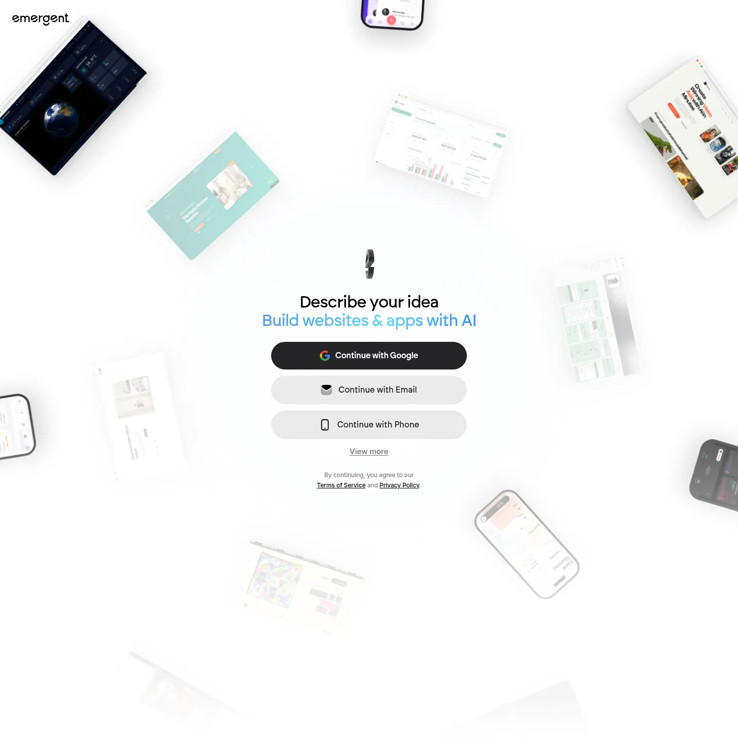 Emergent homepage showing its web and mobile app builder