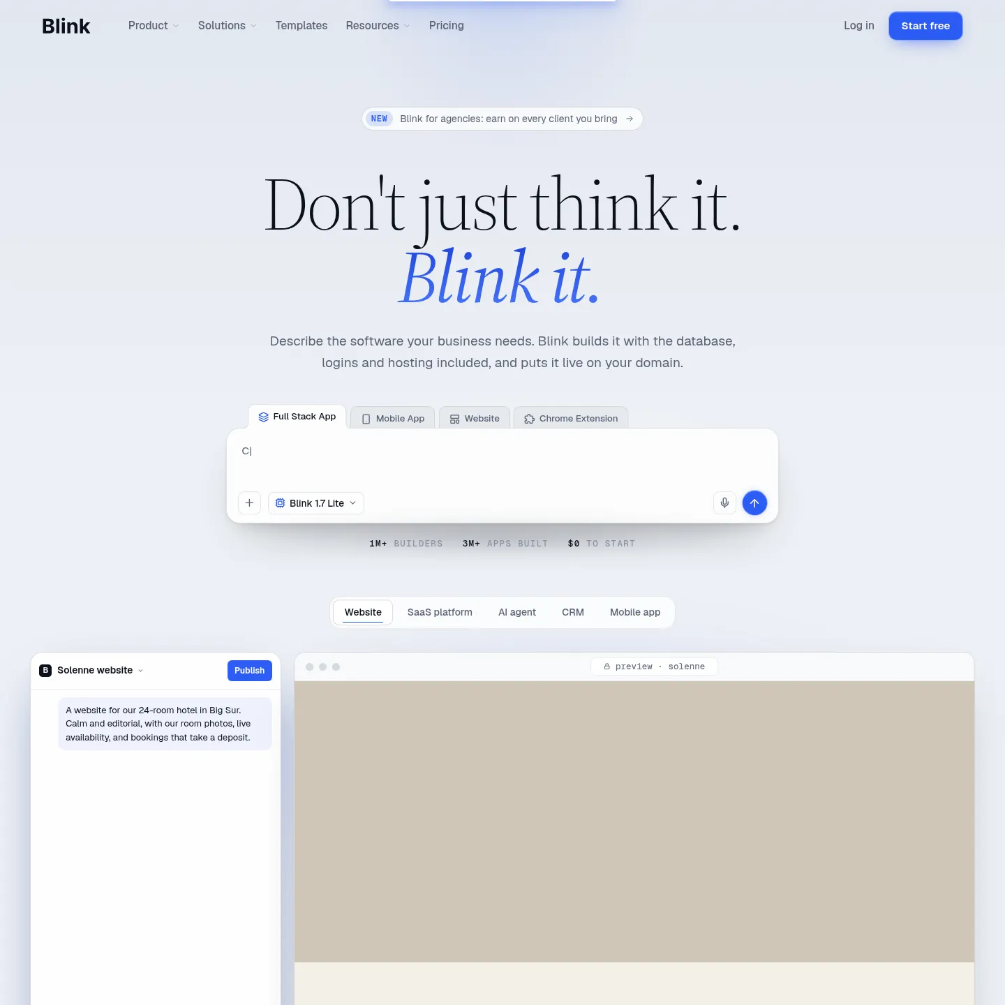 Blink homepage with its app creation prompt