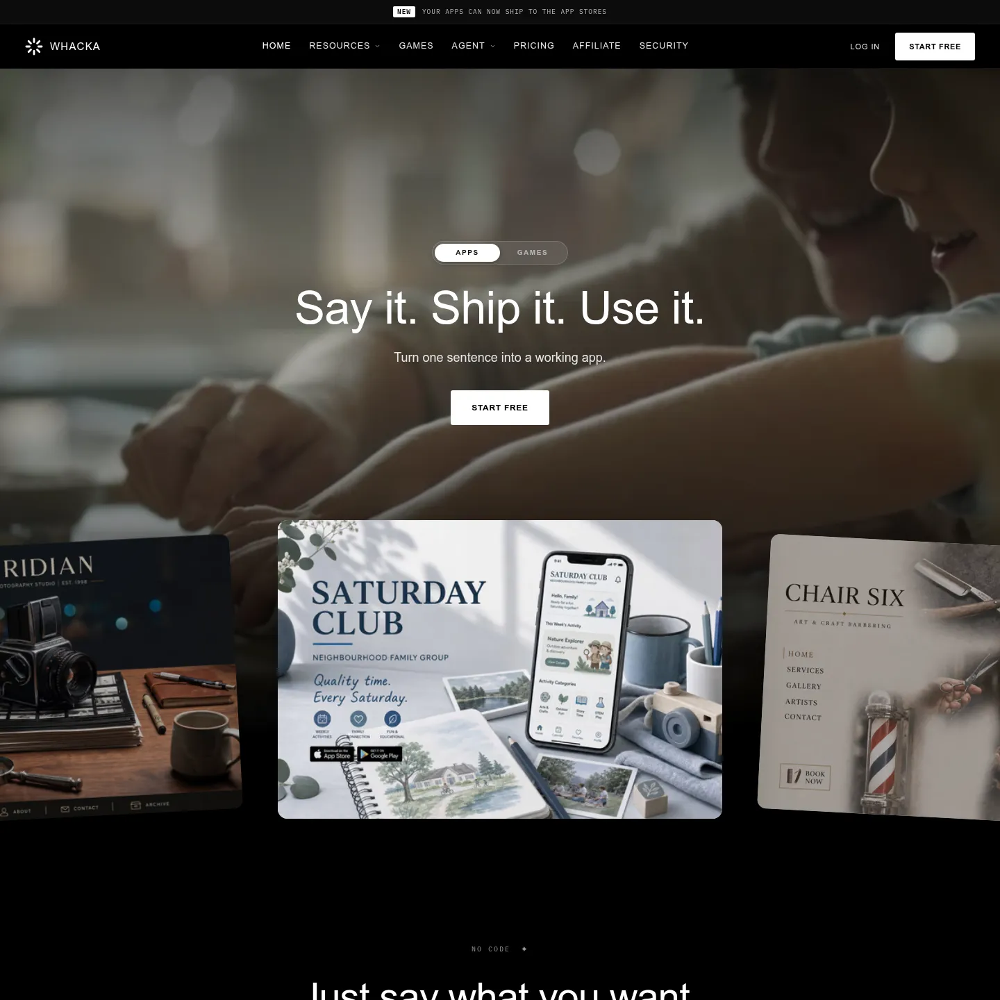 Whacka homepage presenting its conversational app builder