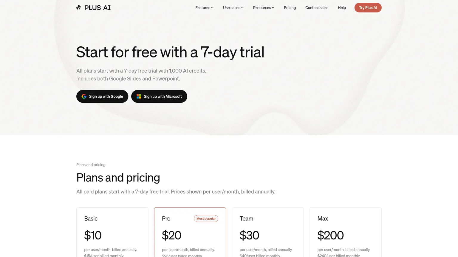 普段使うプレゼンテーションエディター内で利用するプランを示したPlus AIの料金ページ