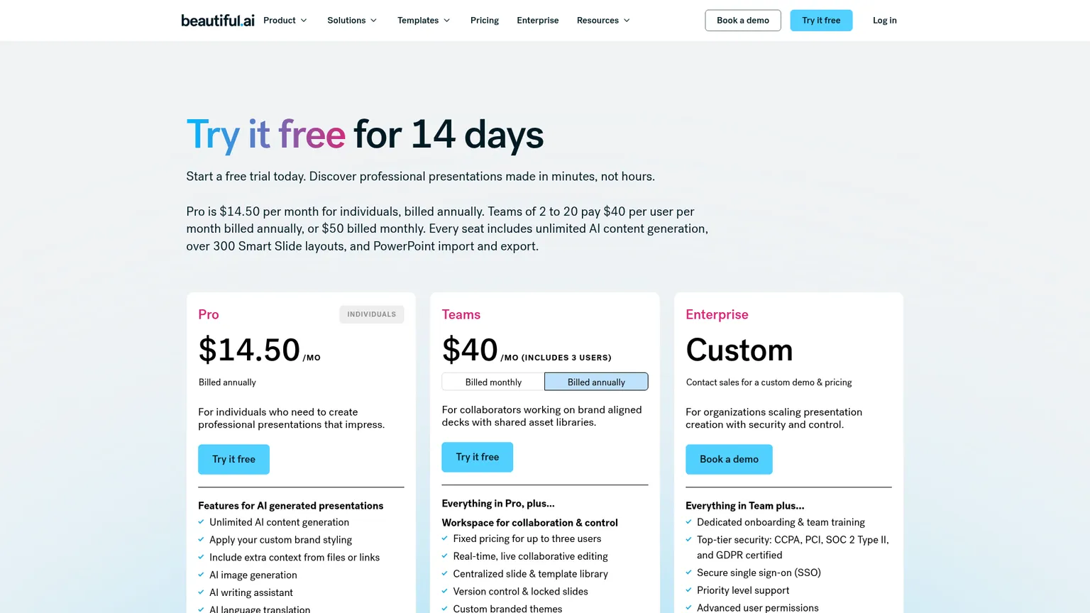 Pro、Team、Enterpriseと試用条件を掲載したBeautiful.aiの料金ページ