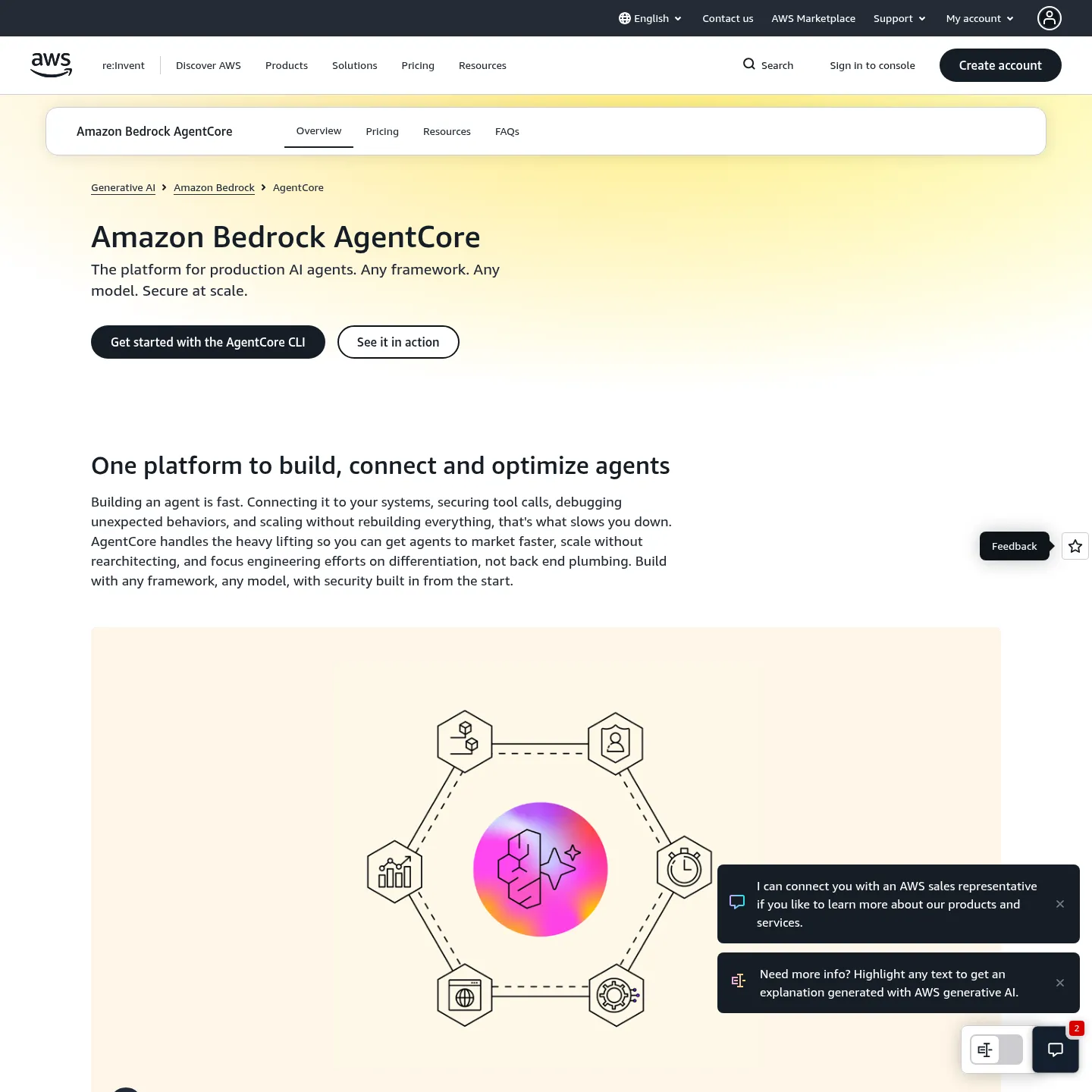 Descripción de Amazon Bedrock AgentCore en la página de producto de AWS