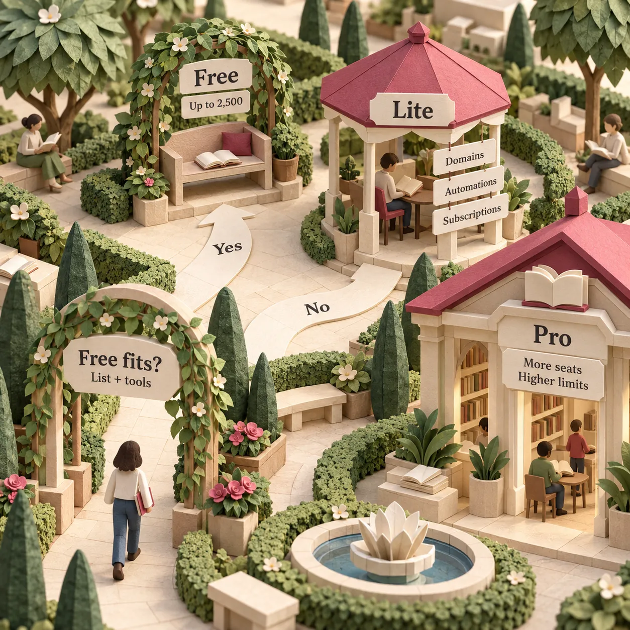 Um caminho de decisão em um jardim de papel direciona uma newsletter pequena de envios ao Free, ferramentas de publicação premium ao Lite e necessidades de maior capacidade ao Pro
