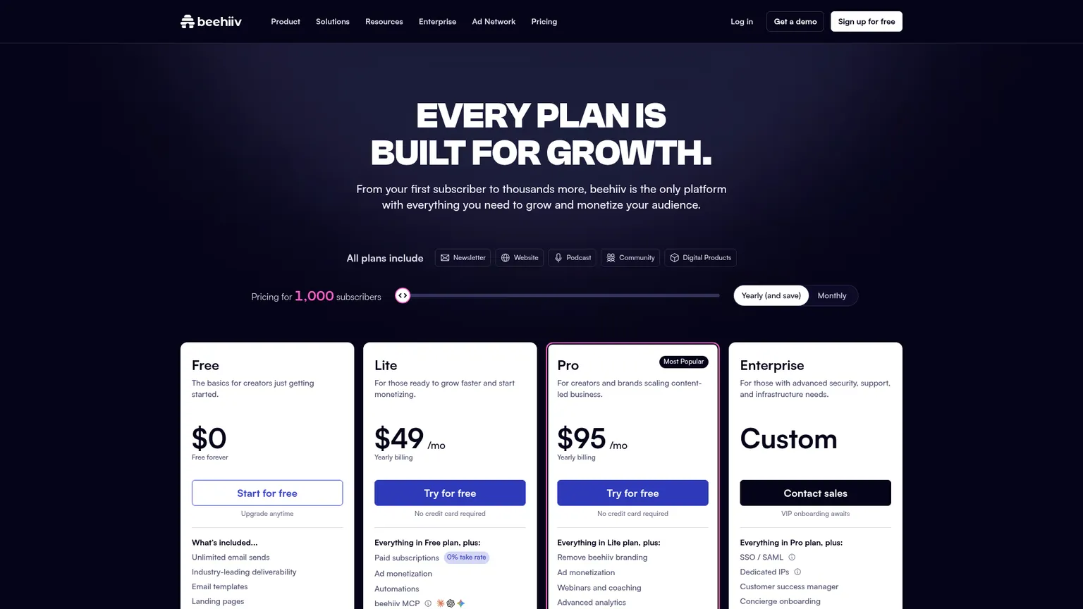 Página de preços do beehiiv com os planos Free, Lite, Pro e Enterprise