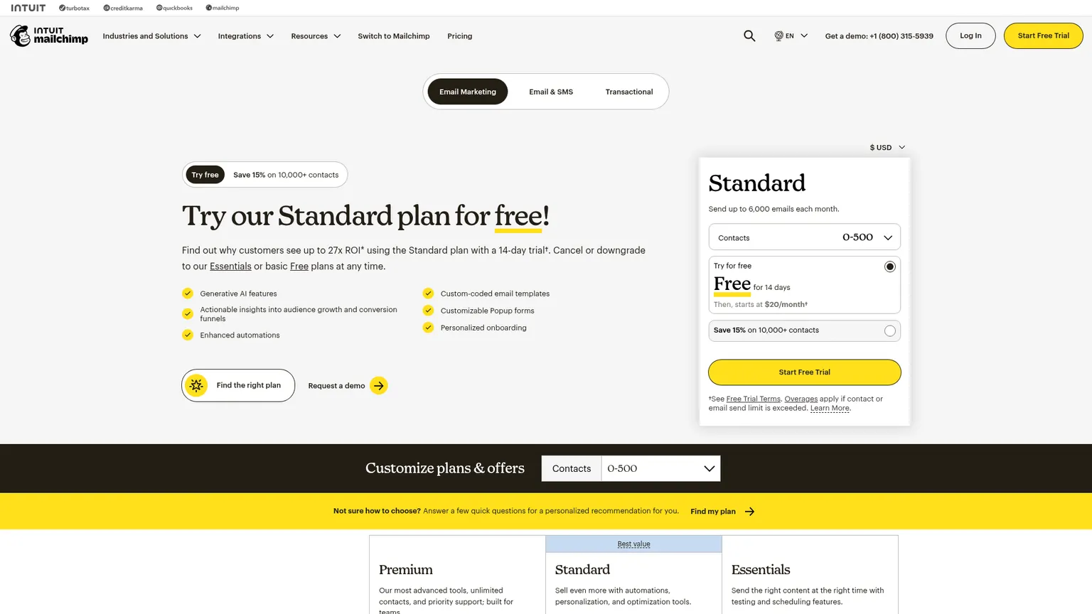 Página de precios de marketing de Mailchimp y comparativa de funciones