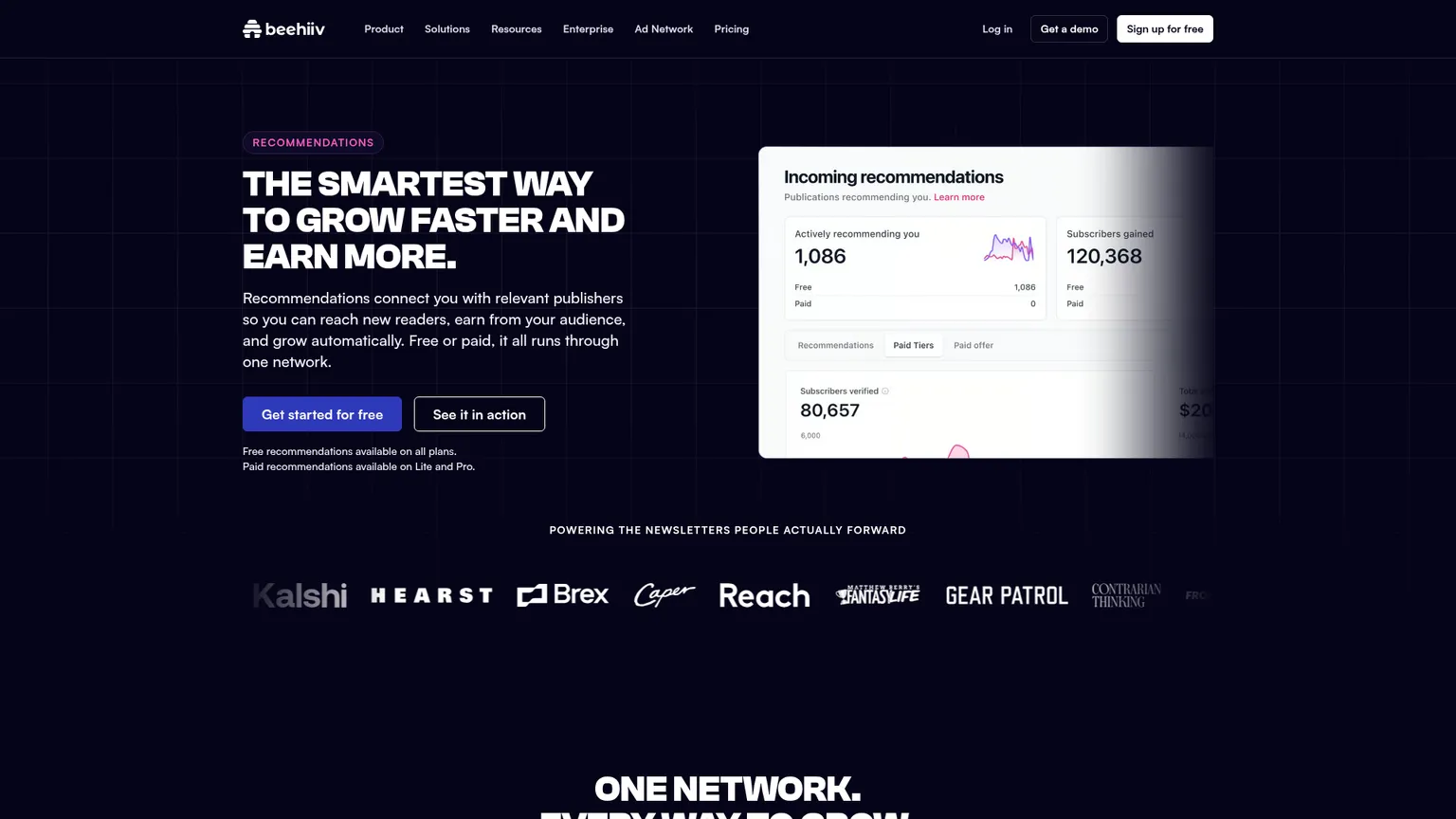 Página de Recommendations de beehiiv sobre colaboraciones gratuitas y captación pagada de suscriptores