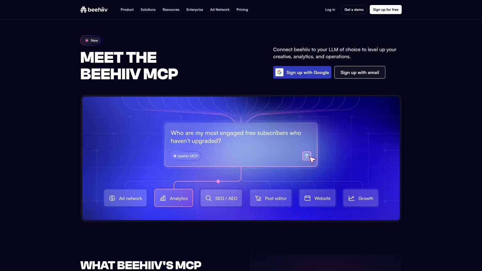 Página de funciones de beehiiv MCP que describe la conexión con herramientas de IA externas