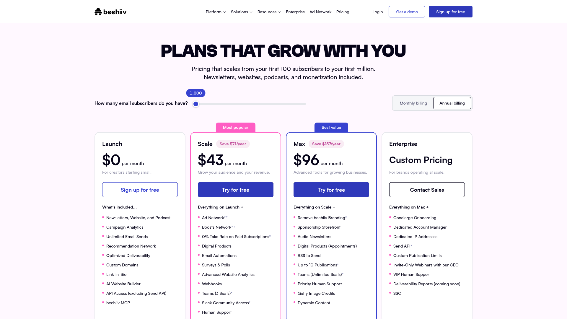beehiiv pricing page showing Launch, Scale and Max plans
