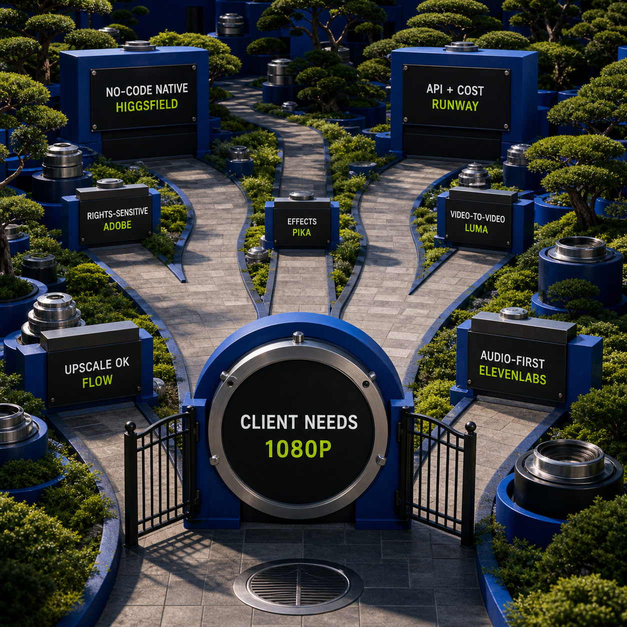 Decision path routing a commercial 1080p video brief to seven AI video tools