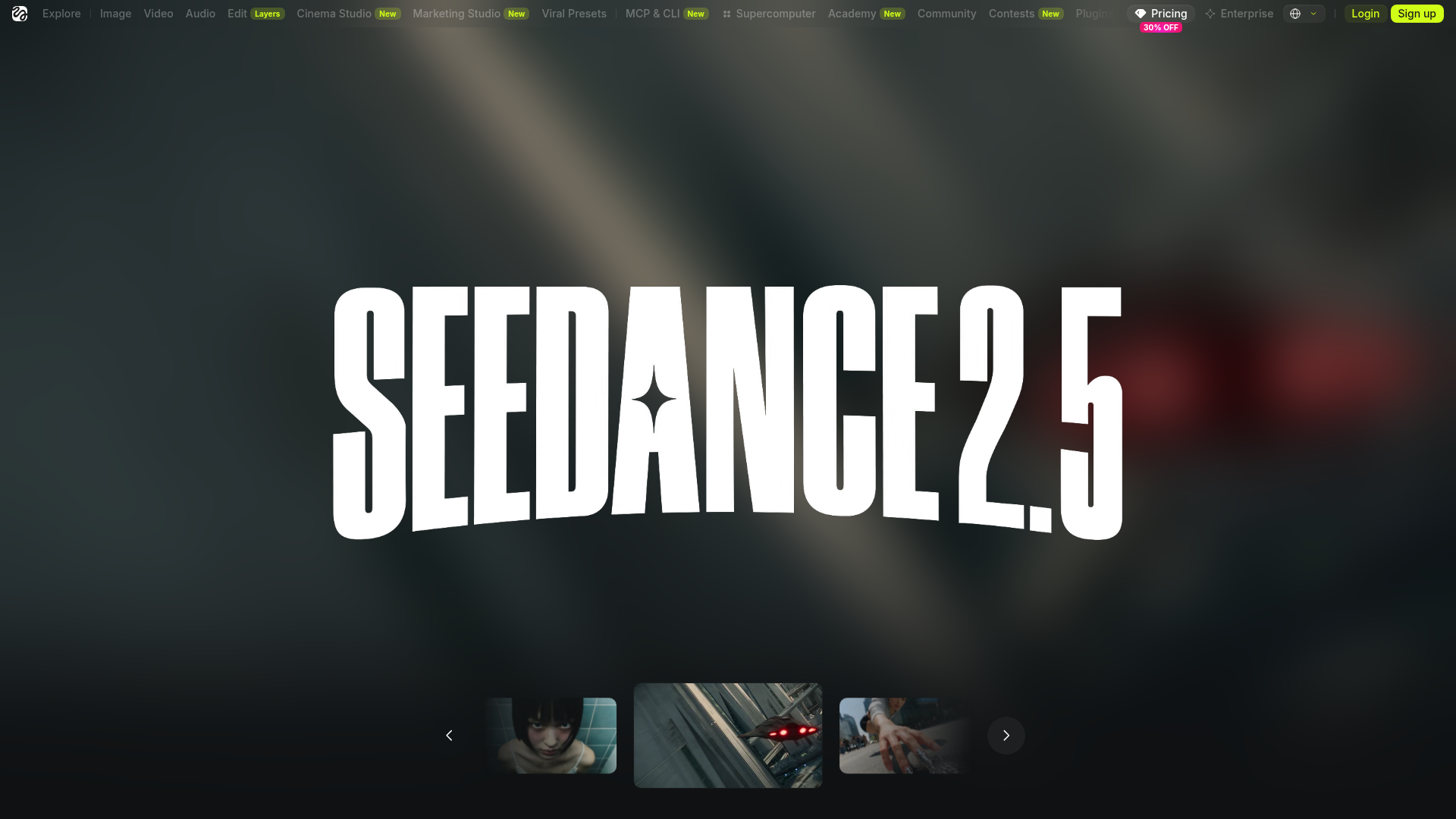 Higgsfield Seedance 2.5 product page showing its native 1080p video workflow