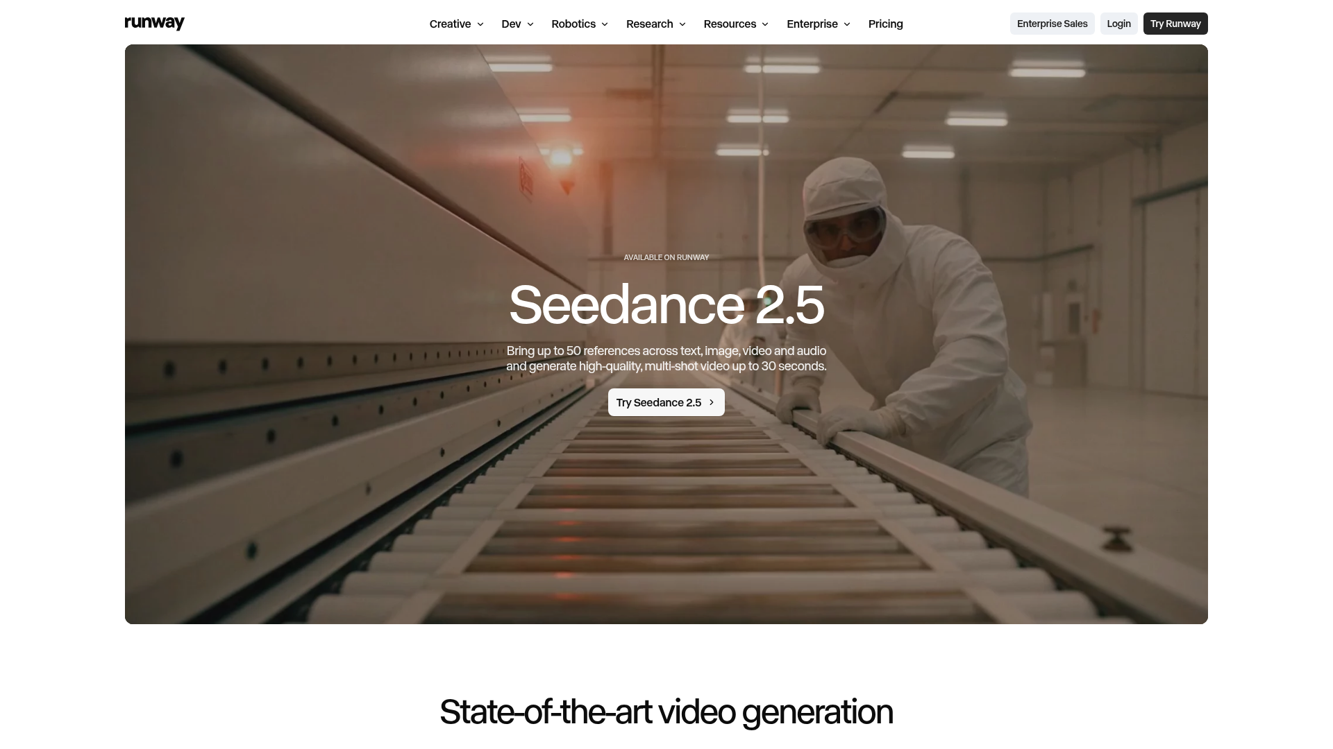 Runway Seedance 2.5 page showing the multi-reference commercial video workflow