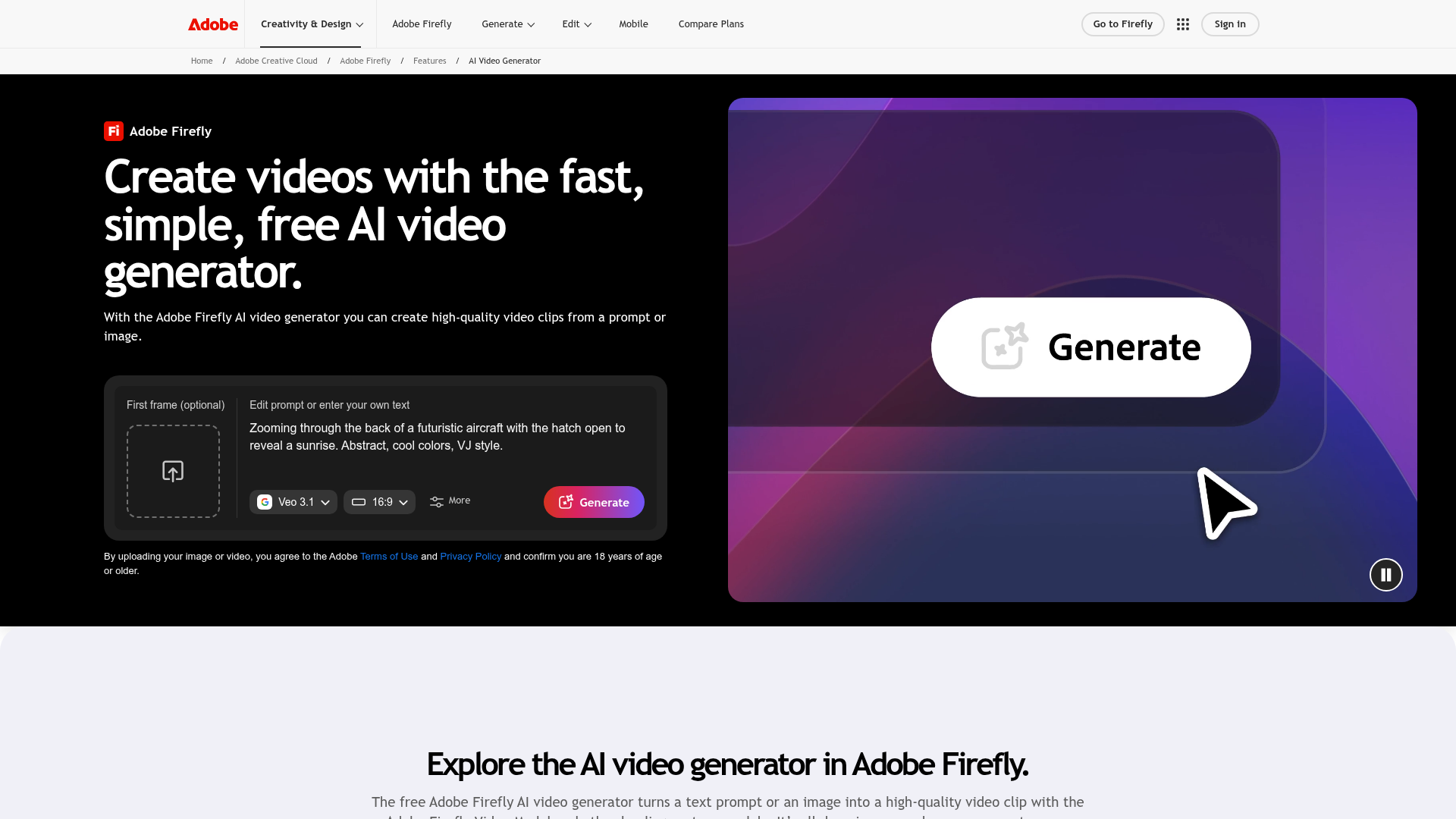 Adobe Firefly AI video generator workspace for commercial brand footage