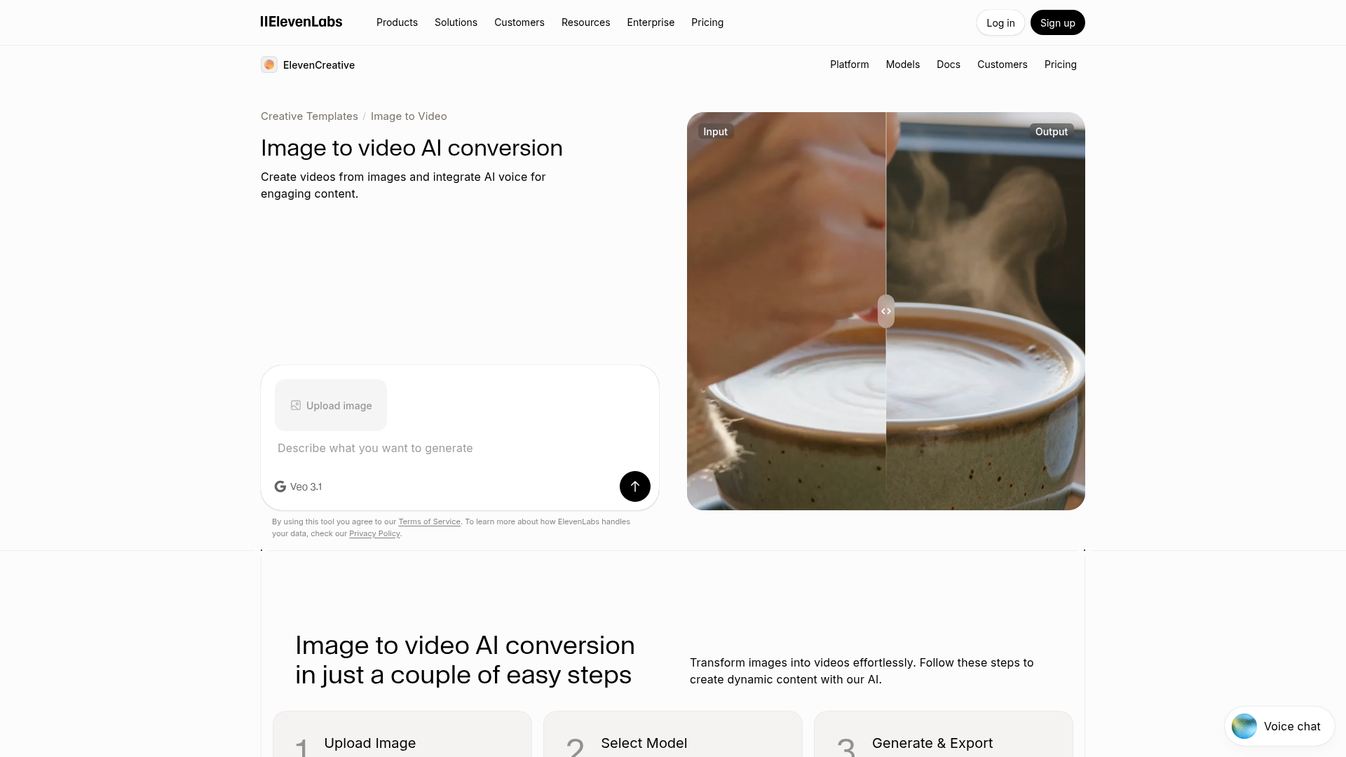 ElevenLabs Image and Video workspace with model, resolution, duration, and audio controls