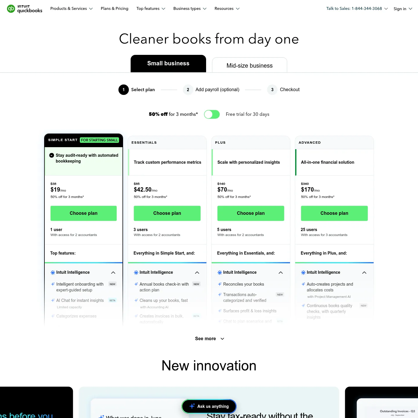 صفحة أسعار QuickBooks Online الأمريكية تعرض خطط Free وSimple Start وEssentials وPlus وAdvanced