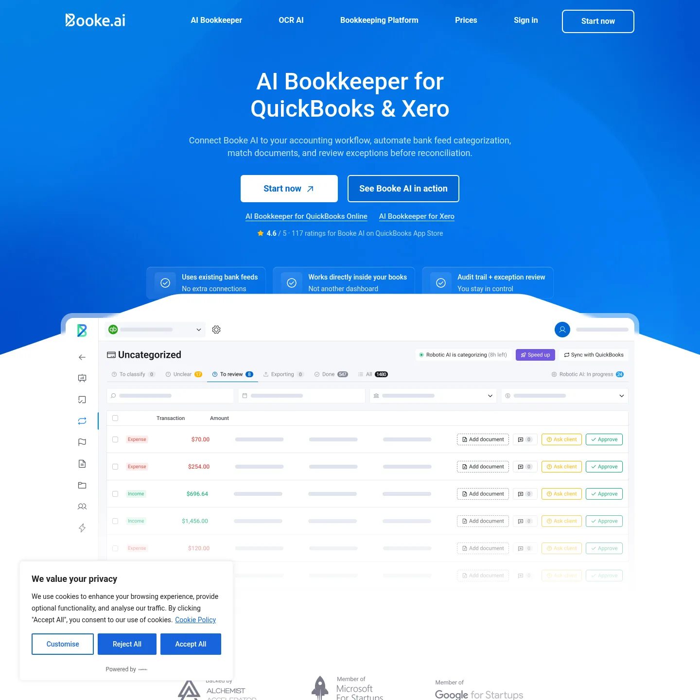 صفحة Booke AI العامة تشرح أتمتة المعاملات الواردة من البنك داخل QuickBooks Online وXero