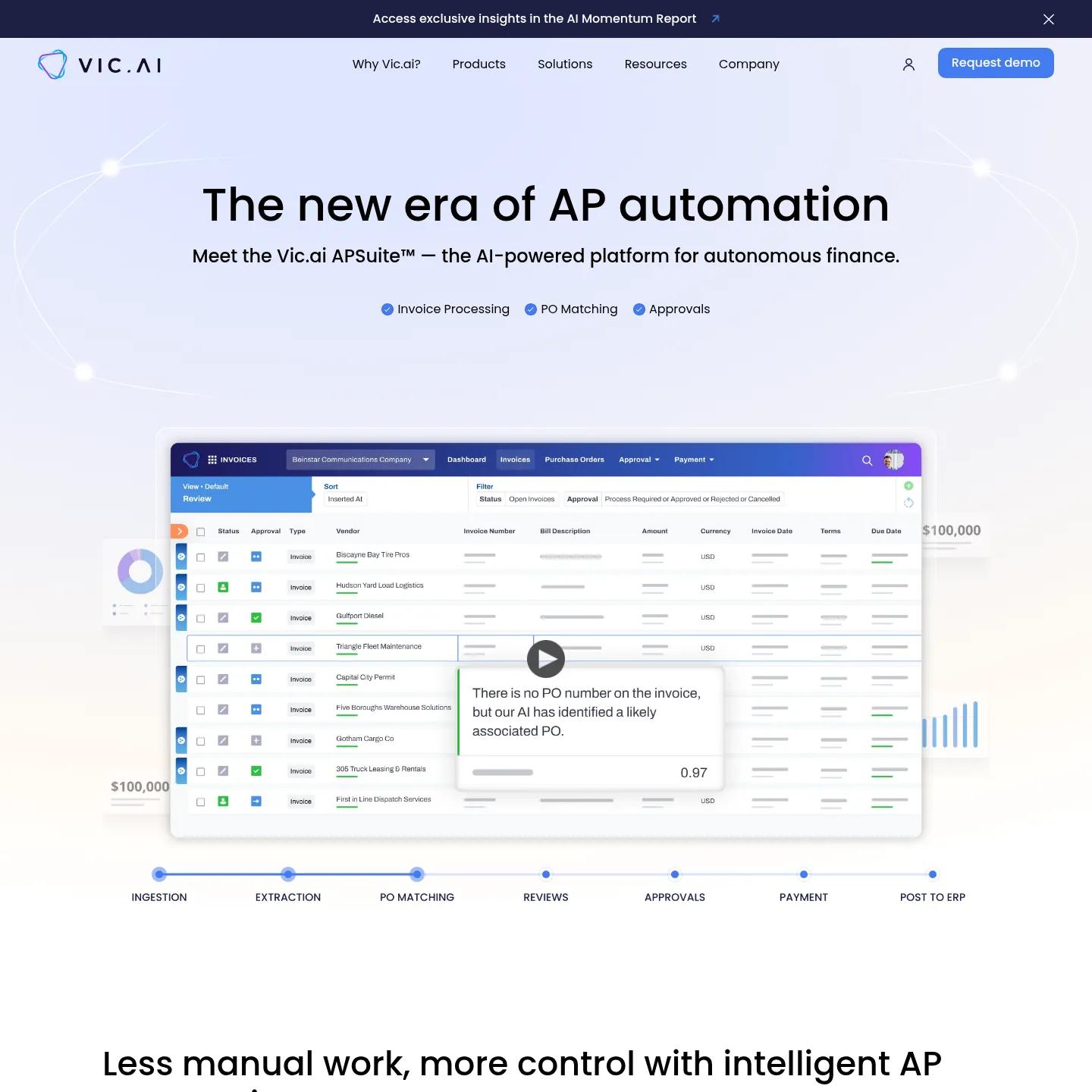 صفحة Vic.ai APSuite العامة تعرض معالجة الفواتير ومطابقة أوامر الشراء ومسارات الاعتماد