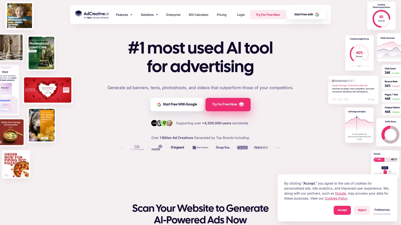 광고 소재 제작 플랫폼을 소개하는 AdCreative.ai의 실제 제품 홈페이지입니다.