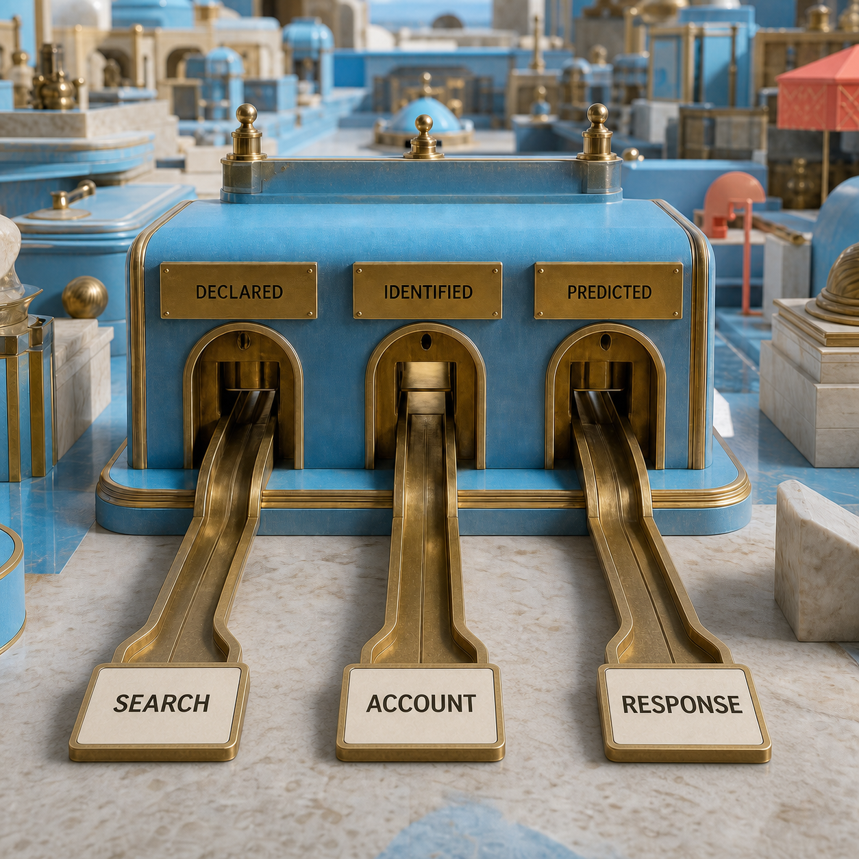 Physical decision gate separating declared, identified, and predicted buyer signals