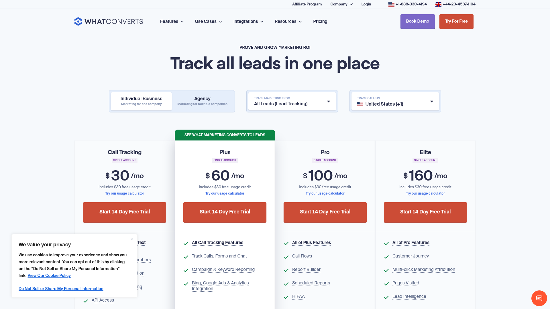WhatConverts pricing tiers and lead tracking features