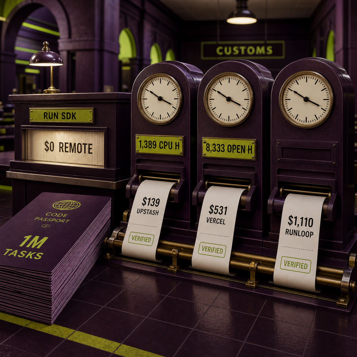 Physical metering exhibit comparing a zero-dollar SDK boundary, active CPU billing, and full runtime billing for one million agent tasks