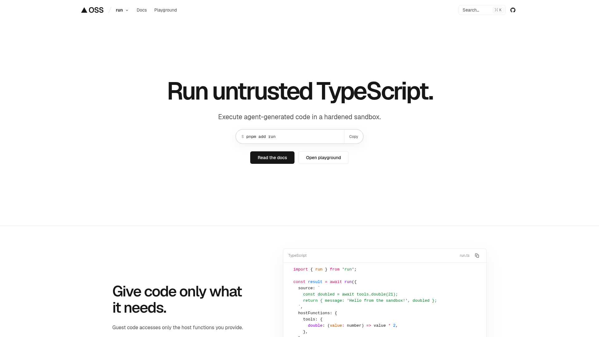 Vercel Run SDK website showing the sandboxed JavaScript execution package