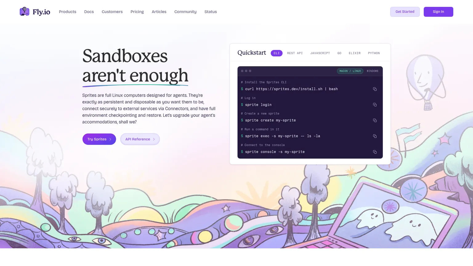 Fly.io Sprites Seite für persistente vollwertige Linux-Computer für Agenten