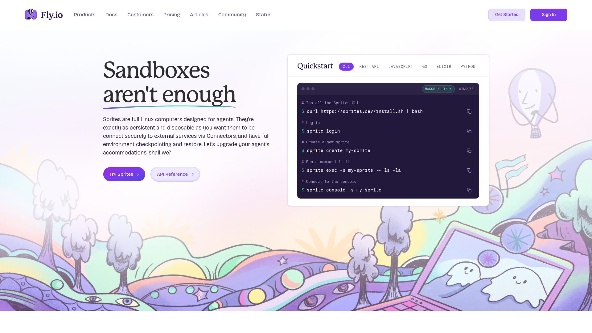 Fly.io Sprites page showing persistent full Linux computers for agents