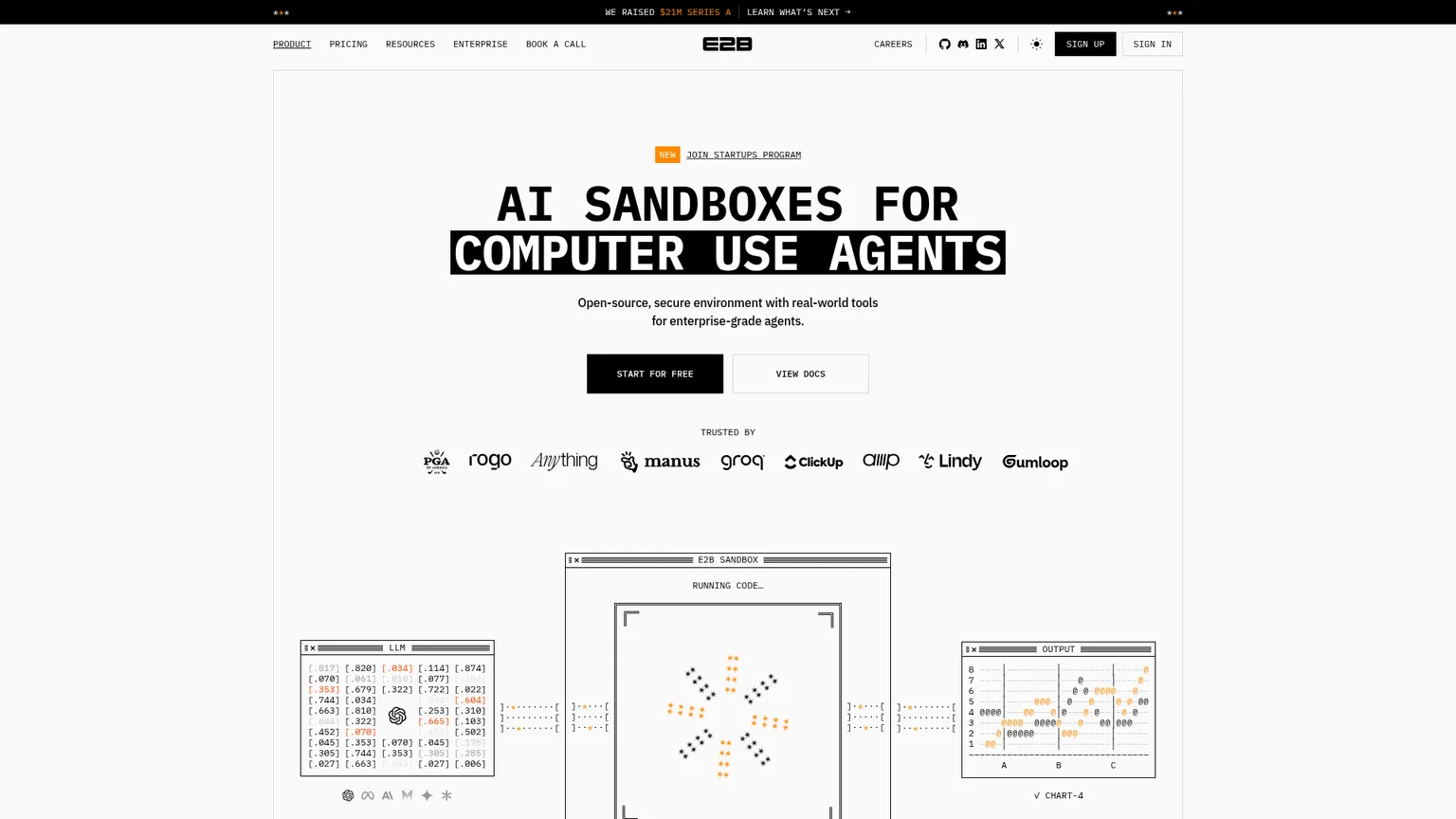 Website von E2B mit der Sandbox-Plattform für KI-Agenten