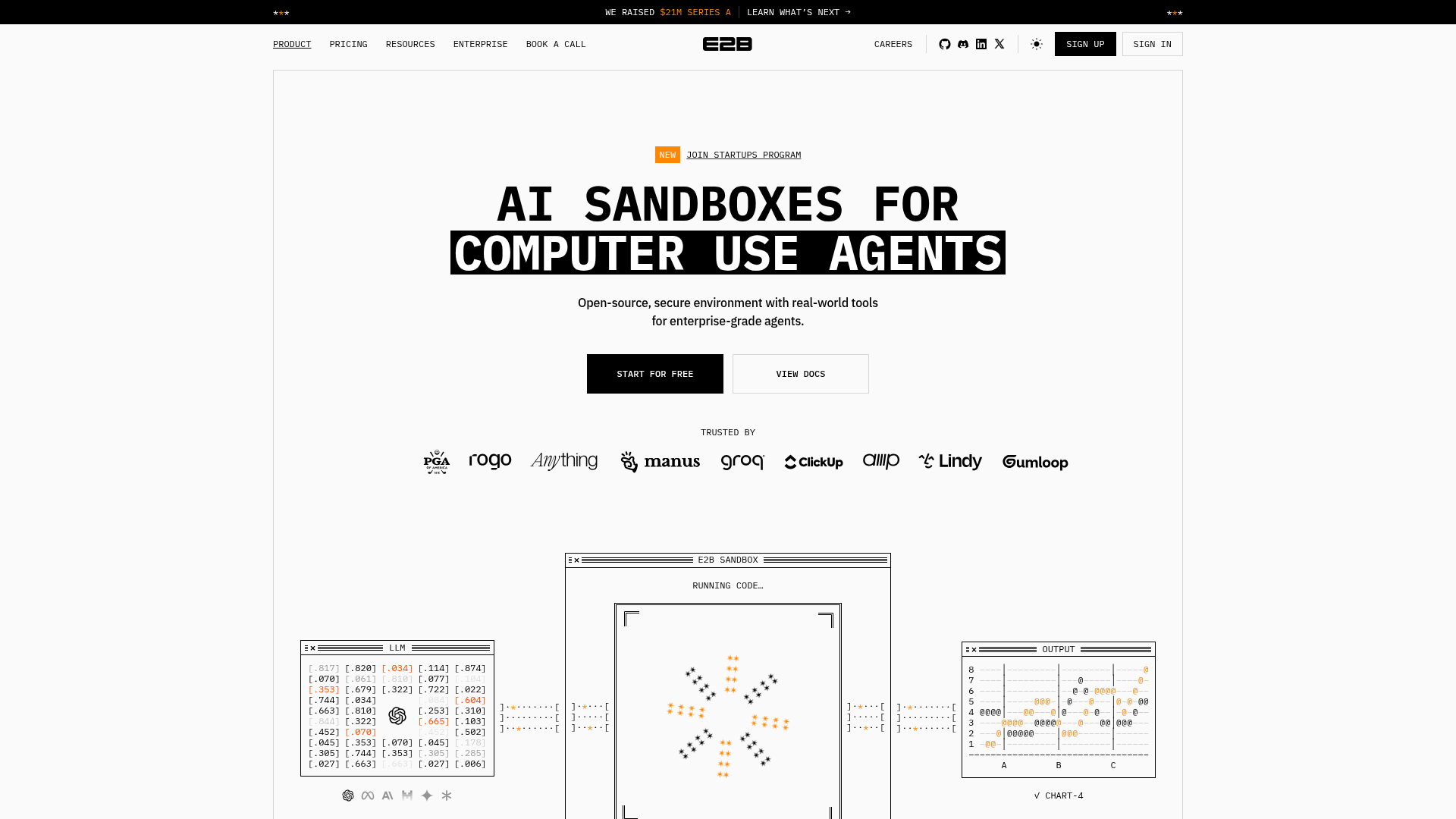 E2B website showing its AI agent sandbox platform