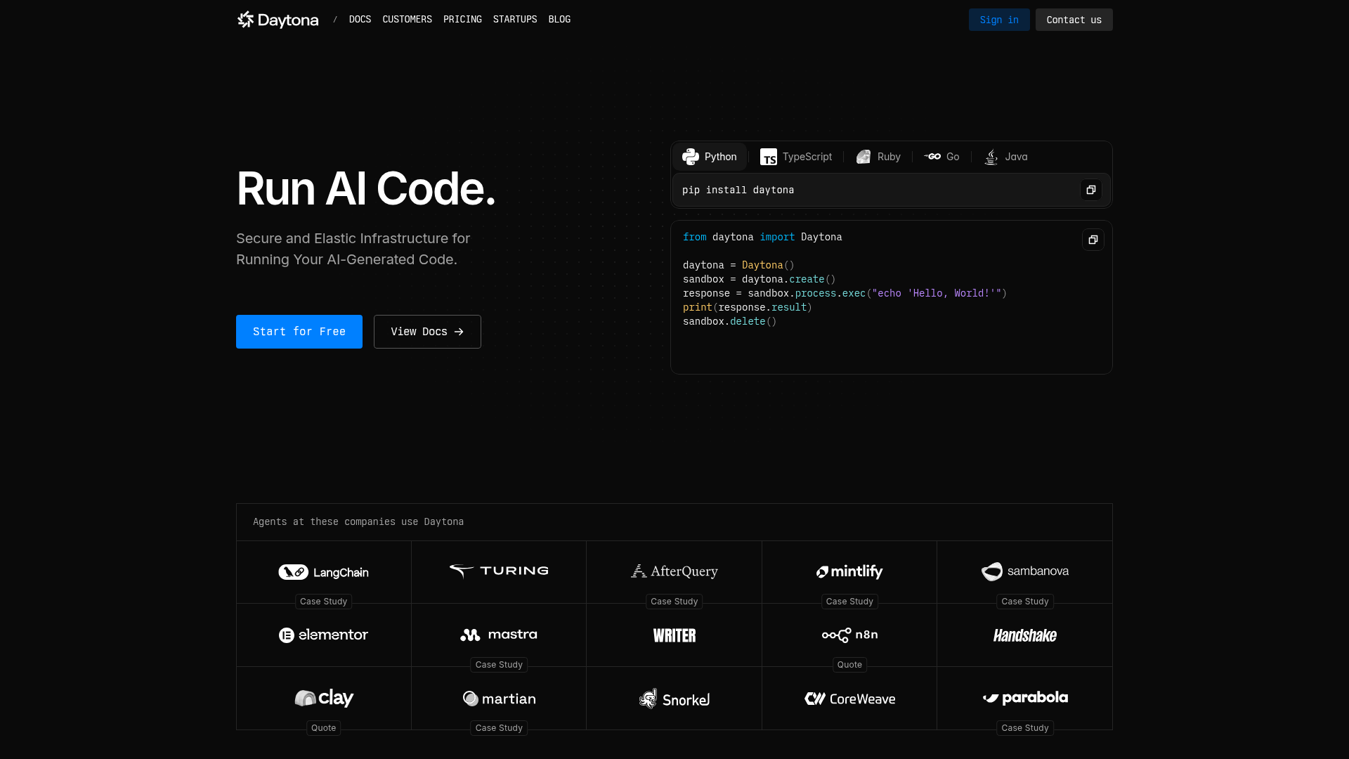 Daytona website showing fast infrastructure for AI-generated code