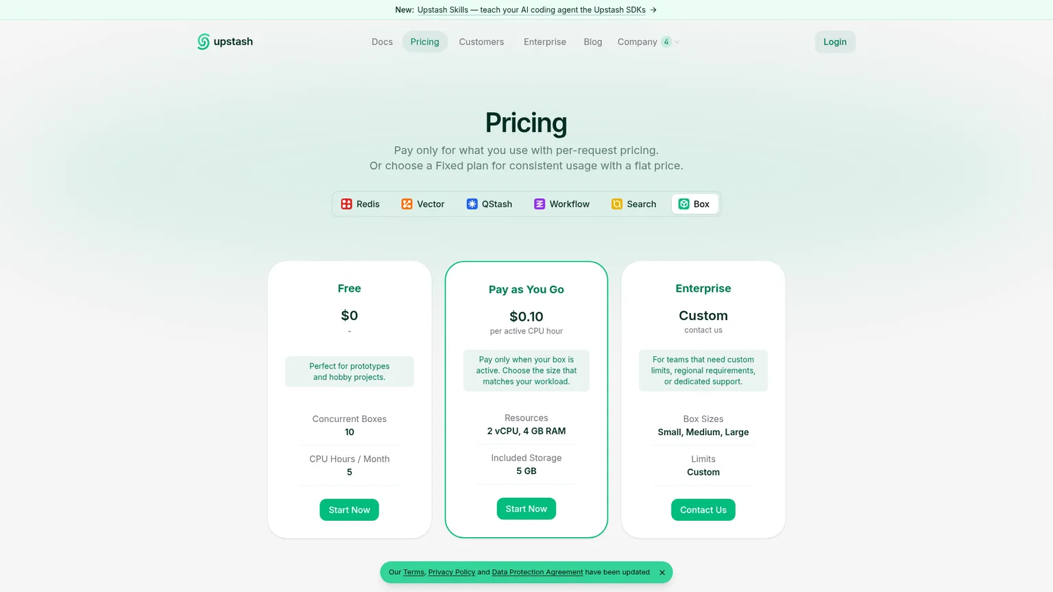 Preisseite von Upstash Box mit Free-, Pay-as-you-go- und Enterprise-Plänen