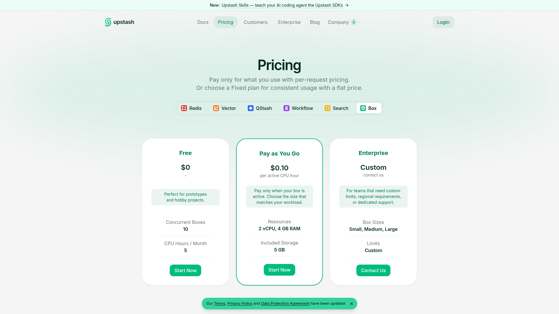 Upstash Box pricing page showing free, pay-as-you-go, and enterprise plans