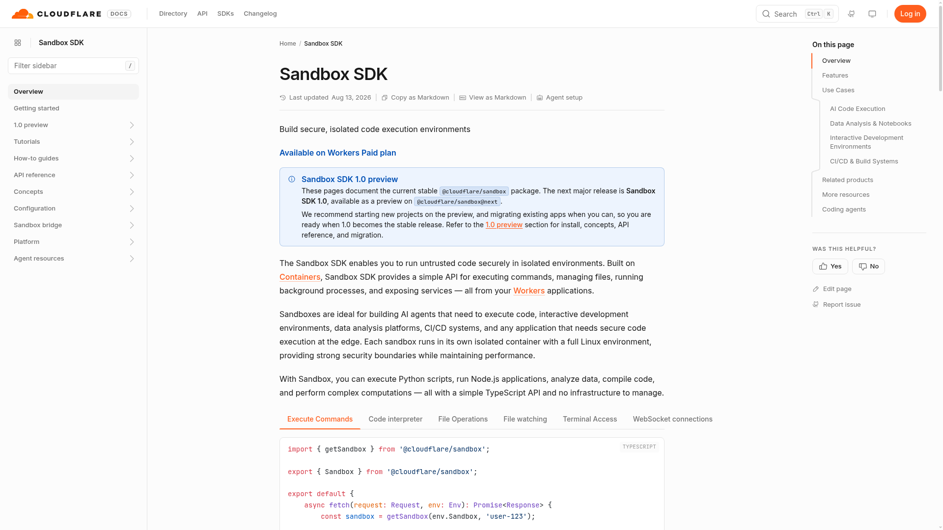 Cloudflare Sandbox SDK documentation showing Workers-native isolated code execution