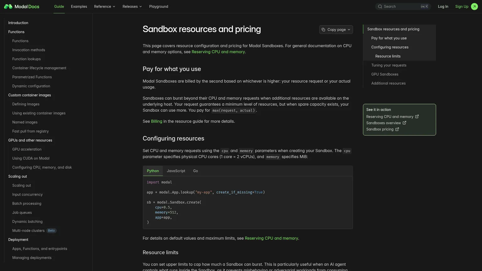 Modal-Dokumentation zur Konfiguration von Sandbox-Ressourcen und Preisgestaltung
