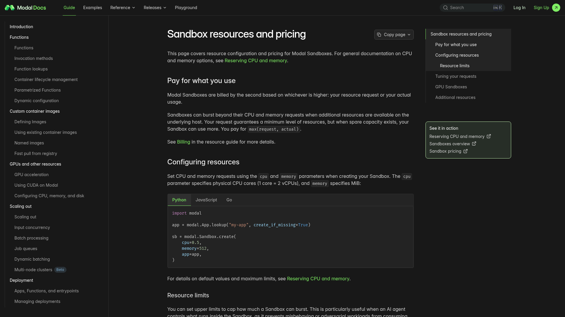 Modal documentation showing Sandbox resource configuration and pricing