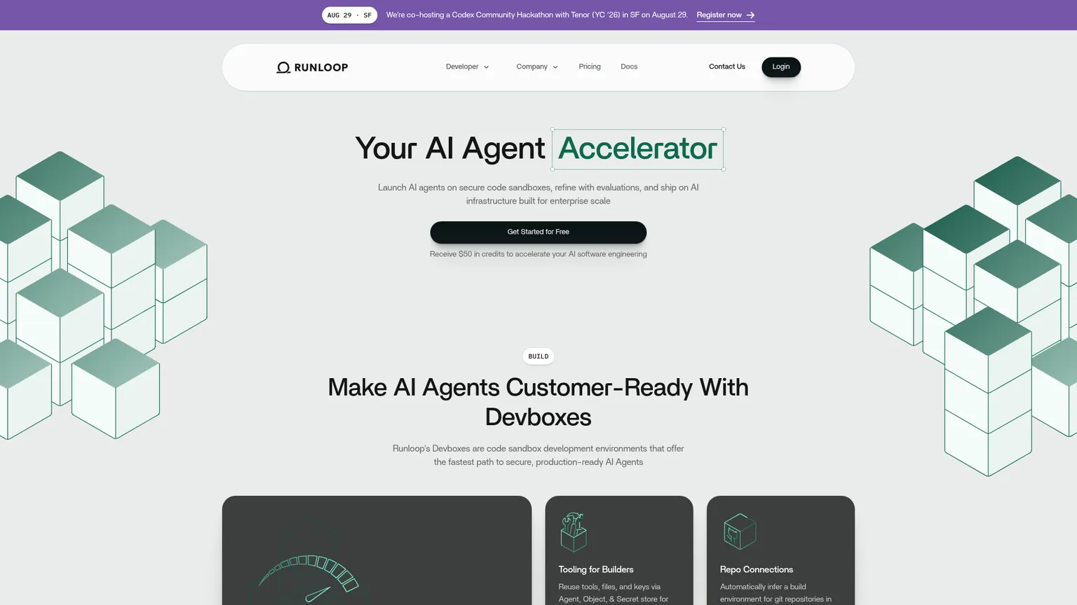 Website von Runloop mit Devboxes und Testinfrastruktur für Coding-Agenten