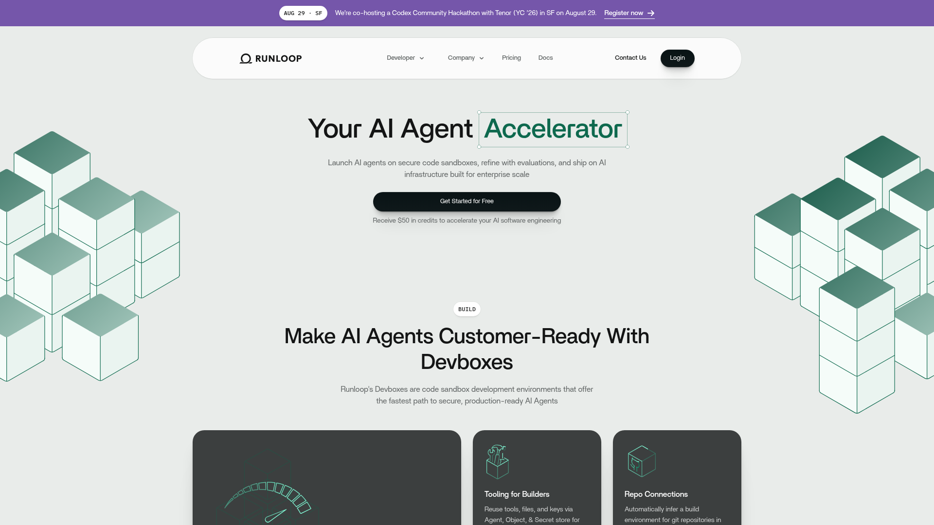 Runloop website showing Devboxes and evaluation infrastructure for coding agents