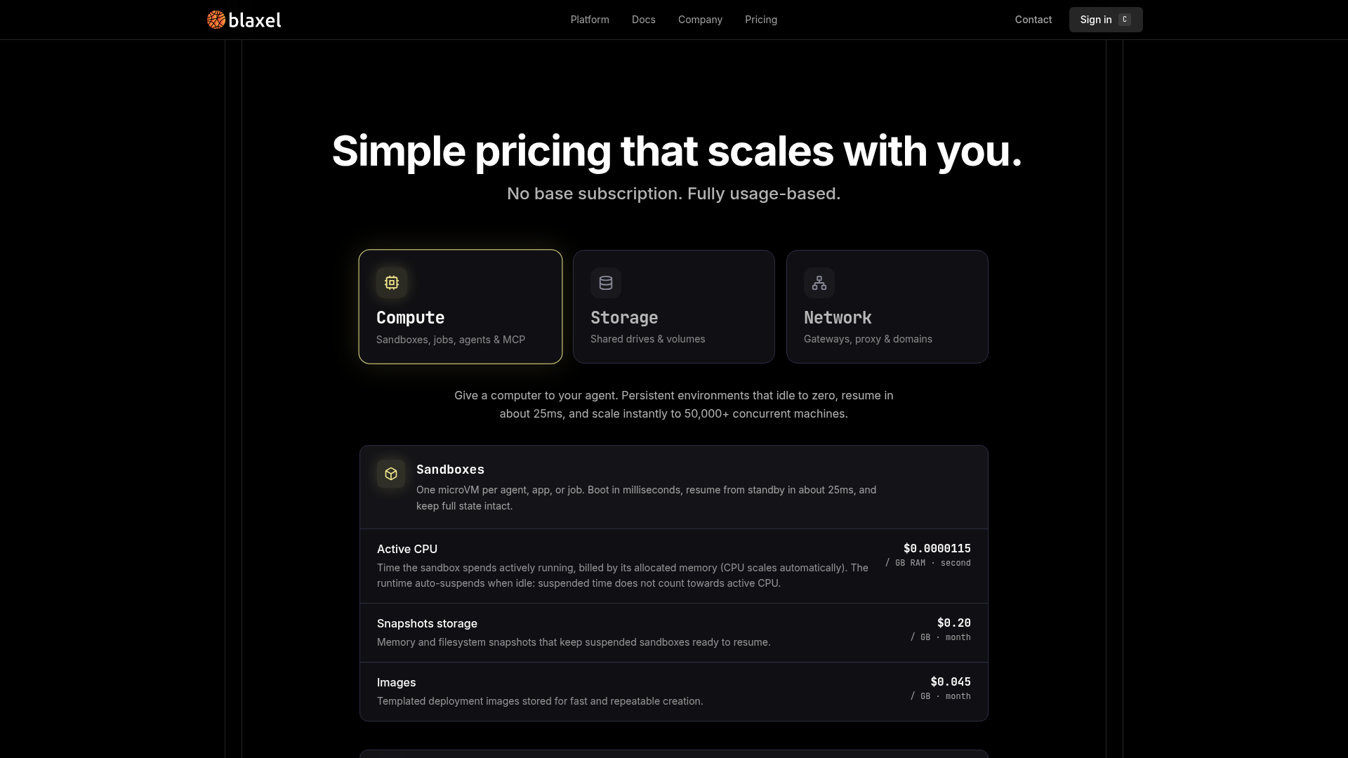 Blaxel pricing page showing persistent microVM sandbox usage rates
