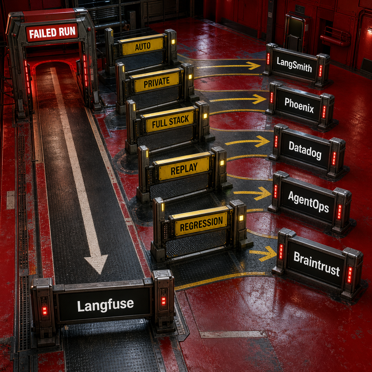 Decision flow routing agent failure-analysis requirements to Langfuse, Braintrust, LangSmith, Phoenix, AgentOps, and Datadog