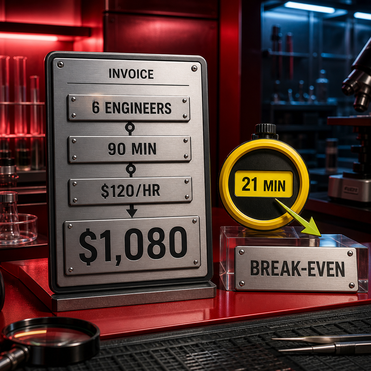 Incident cost model showing six engineers, 90 minutes, $120 per hour, $1,080 total, and a 21-minute break-even