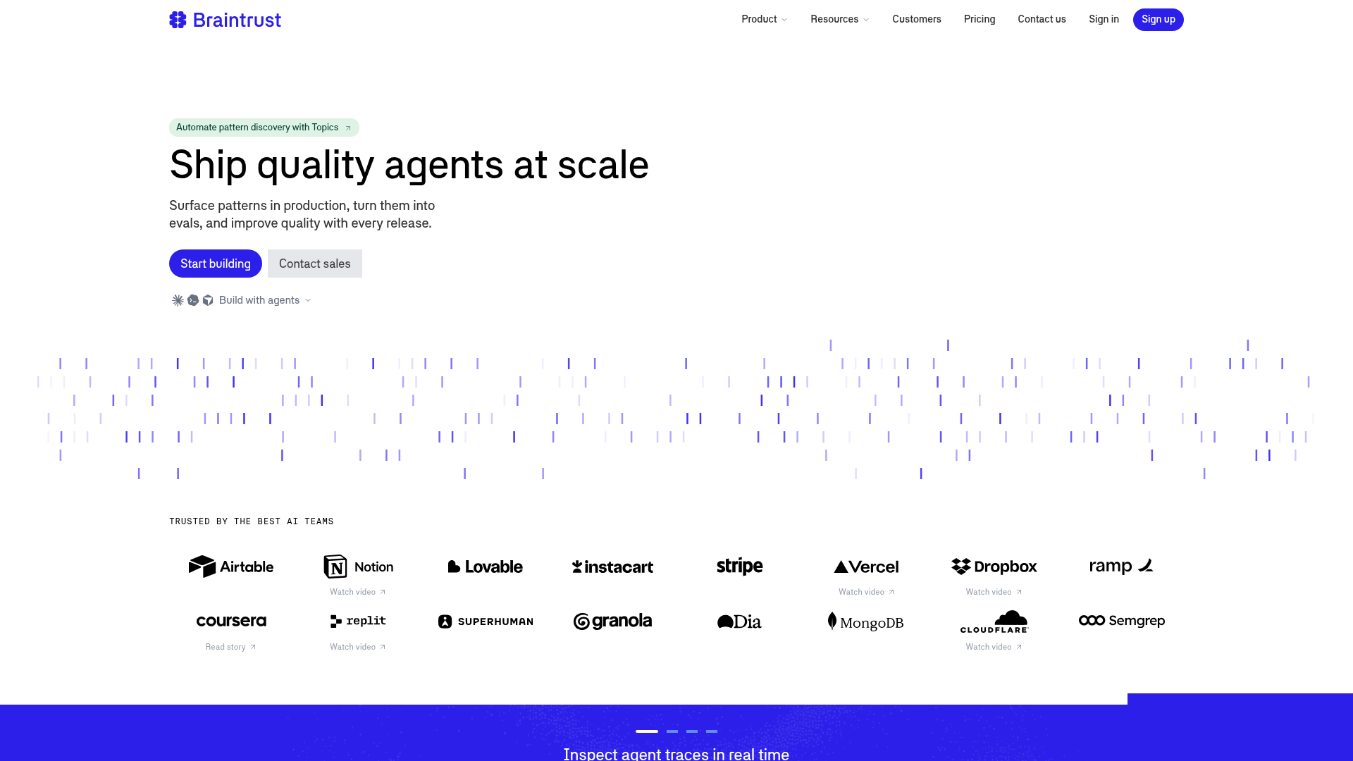 Braintrust platform showing production AI traces, scores, and evaluations