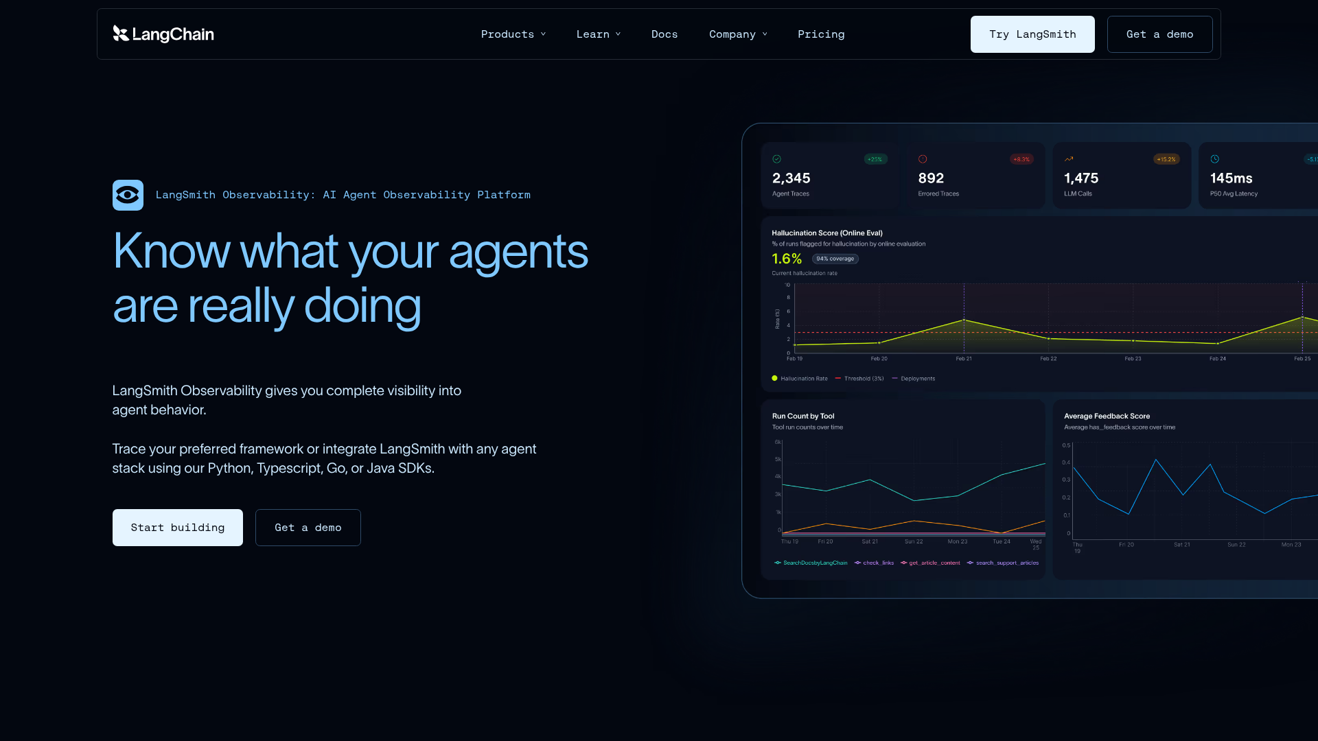 LangSmith platform showing agent traces, evaluation, and deployment controls