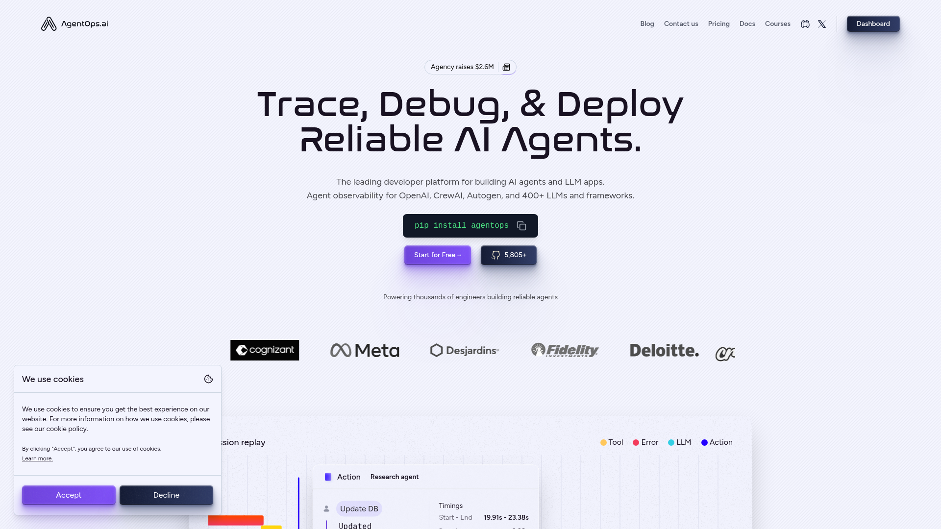 AgentOps platform showing multi-agent session traces and replay analytics