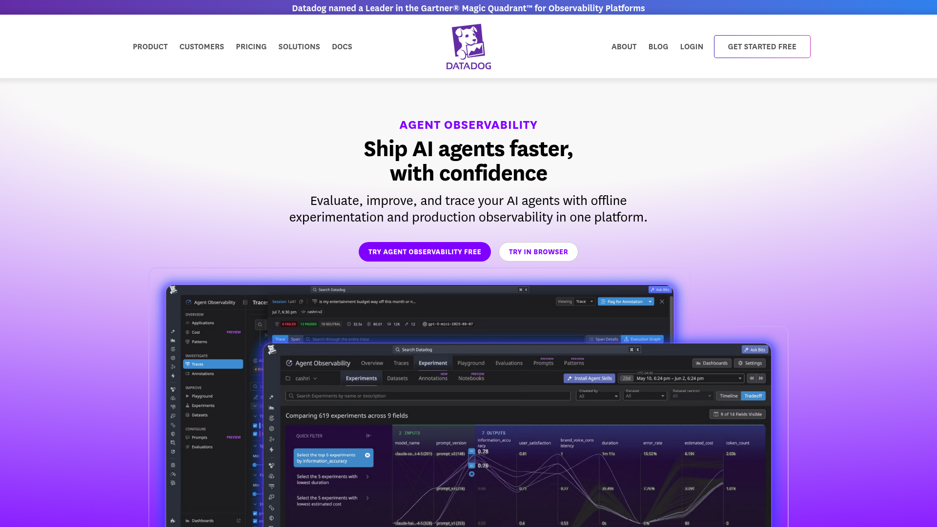 Datadog Agent Observability showing traces connected to application and infrastructure signals